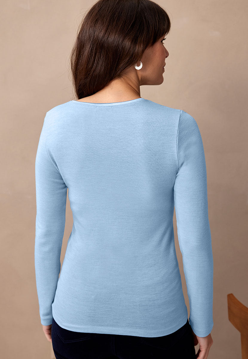 Sara Scoop Neck Long Sleeve Merino Top - French Blue Back View