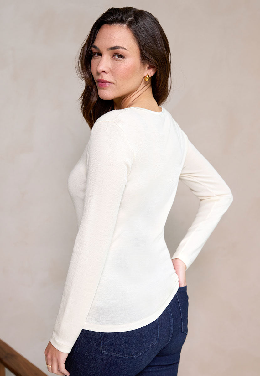 Sara Scoop Neck Long Sleeve Merino Top - Ivory