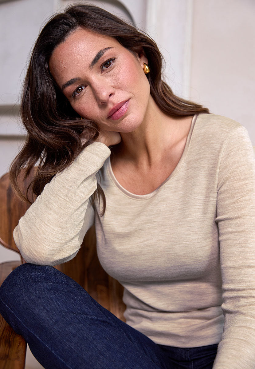 Sara Round Neck Long Sleeve Top - Oatmeal Marl Light Warm Satin Neckline Polished Finish Exquisitely Made Comfortable Fit Front Alt View