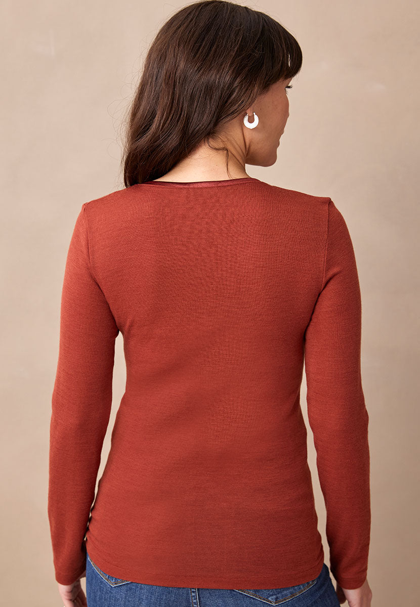 Sara Scoop Neck Long Sleeve Merino Top - Paprika Back View