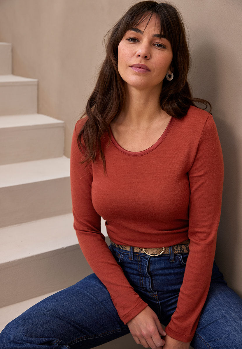 Sara Scoop Neck Long Sleeve Merino Top - Paprika Front View