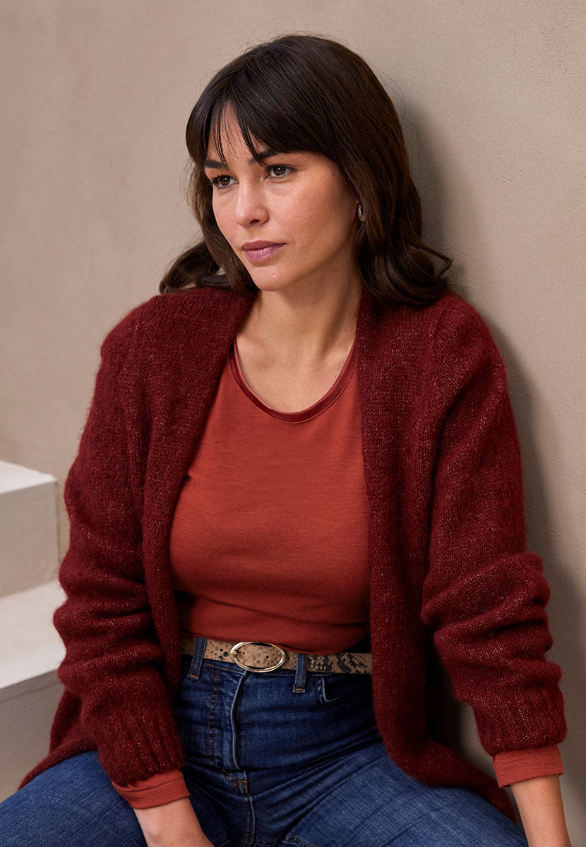 Sara Scoop Neck Long Sleeve Merino Top - Paprika Cardigan View