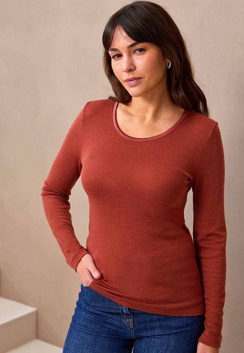 Sara Scoop Neck Long Sleeve Merino Top - Paprika Front Alt View