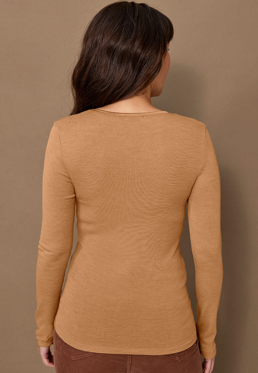 Sara Scoop Neck Long Sleeve Merino Top - Soft Tan Back View
