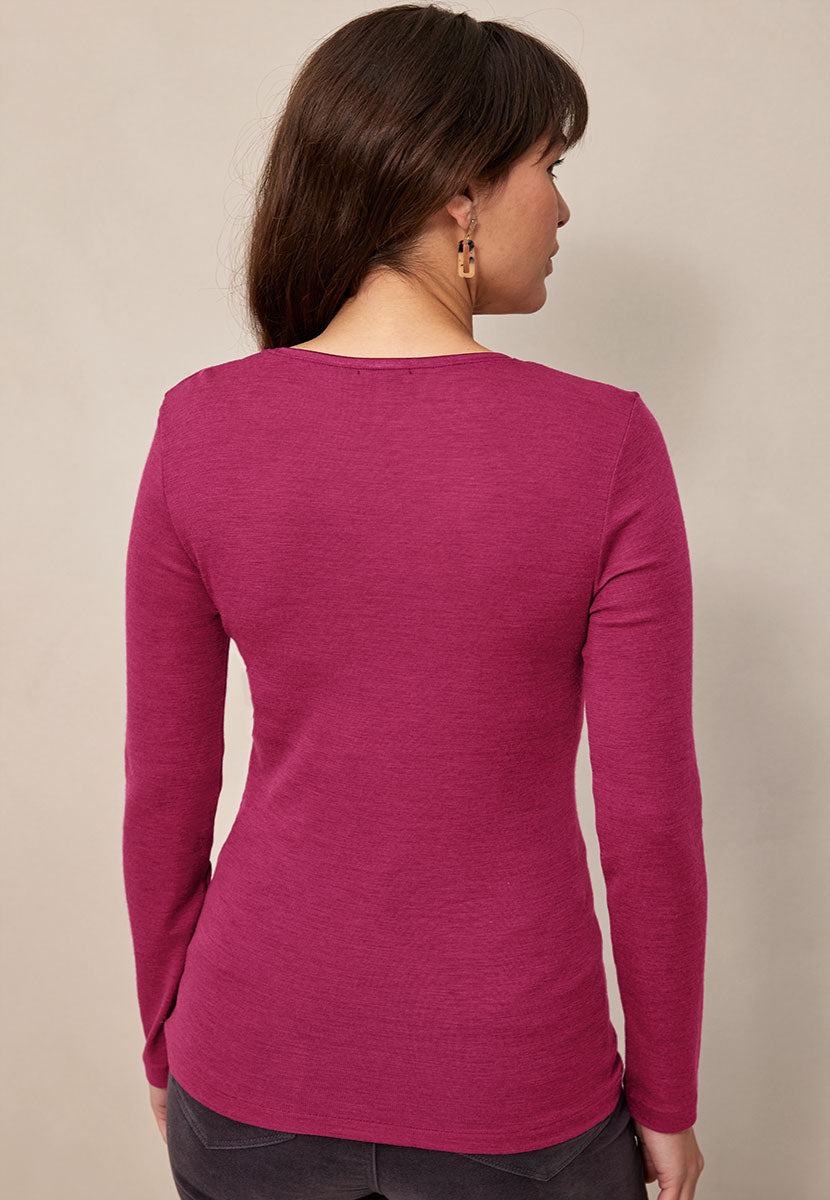 Sara Scoop Neck Long Sleeve Merino Top - Winter Raspberry Back View