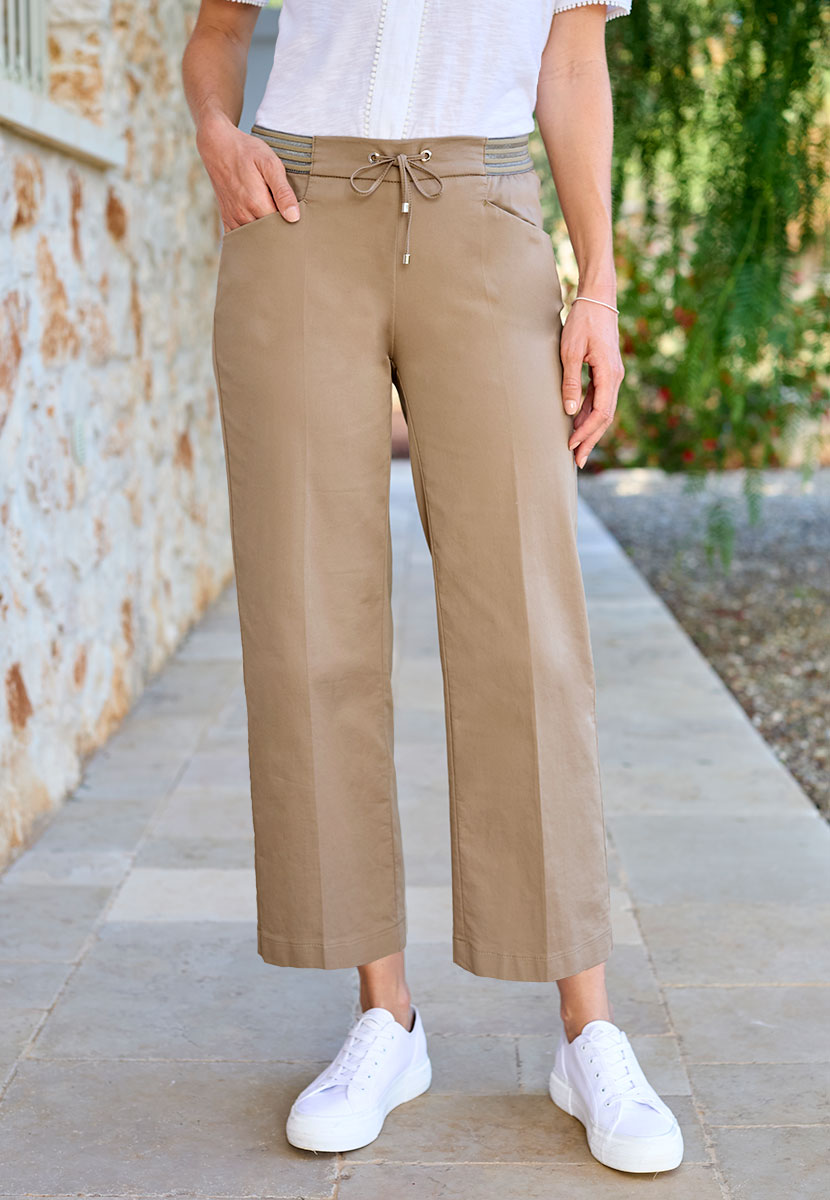 TONI Sarah Wide Crop Trouser - Warm Sand Stretch Waistband and Drawcord with Metal Anglets Front Alt View