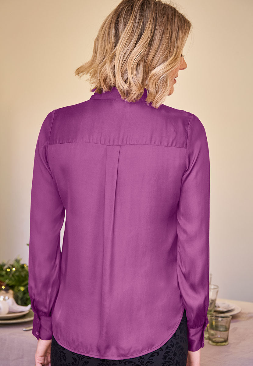 Saskia Collared Satin Shirt - Magenta Back View