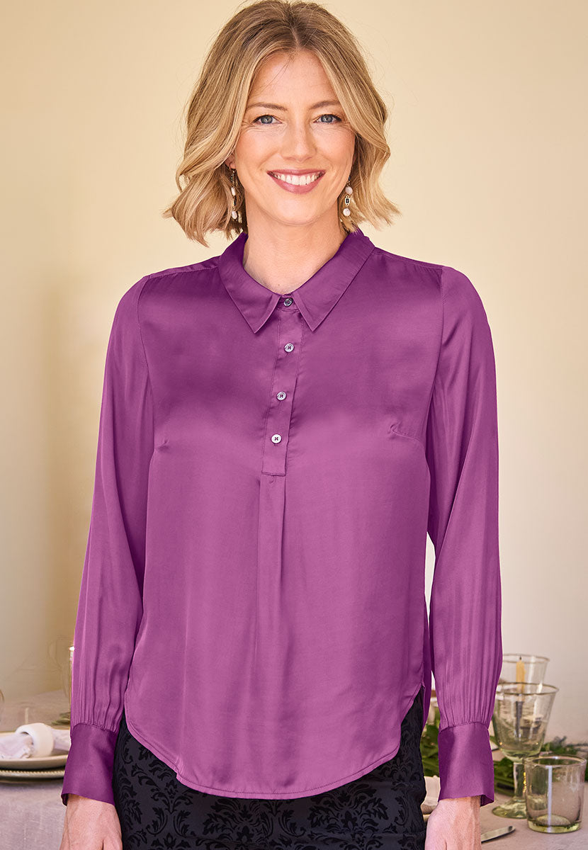 Saskia Collared Satin Shirt - Magenta Front Alt View