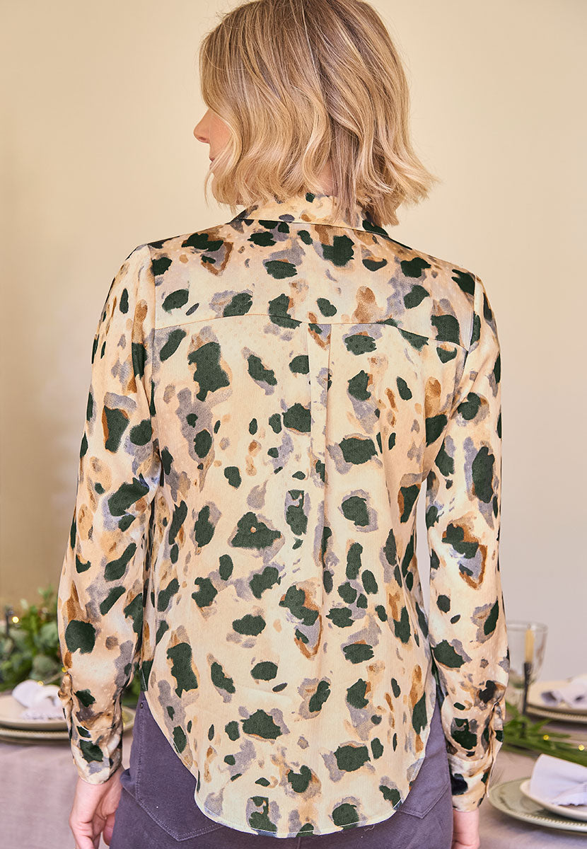 Saskia Collared Satin Shirt - Neutral Animal Back View