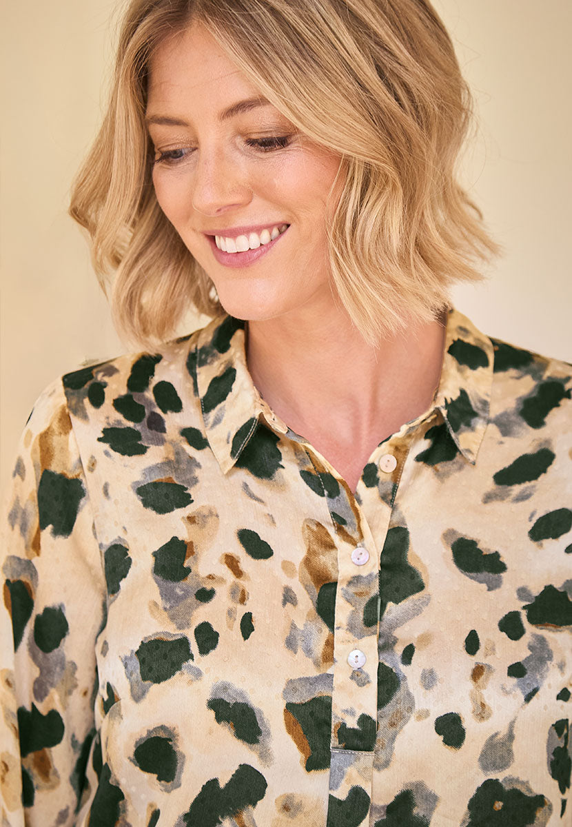 Saskia Collared Satin Shirt - Neutral Animal Detail View