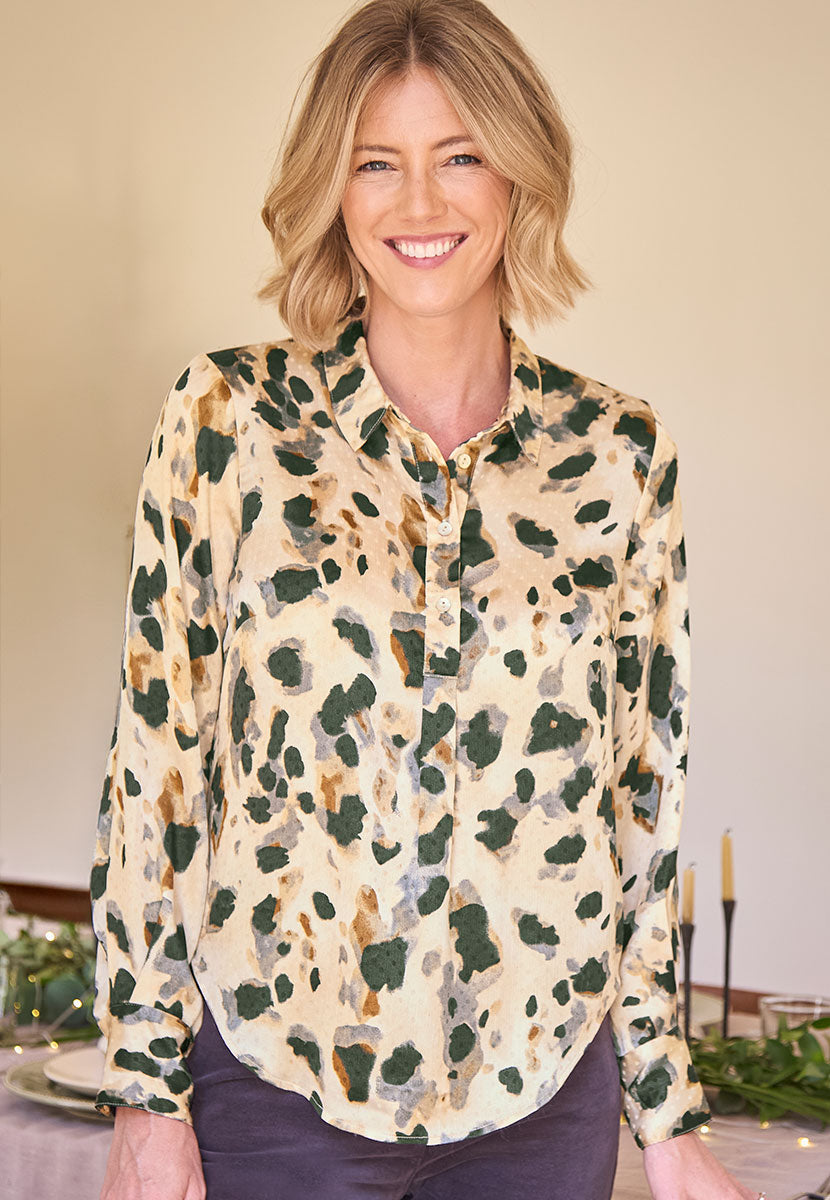 Saskia Collared Satin Shirt - Neutral Animal Front Alt View