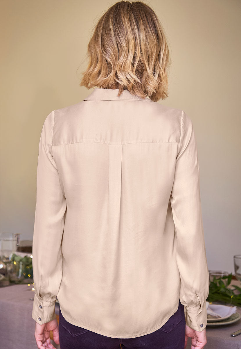 Saskia Collared Satin Shirt - Oyster Back View