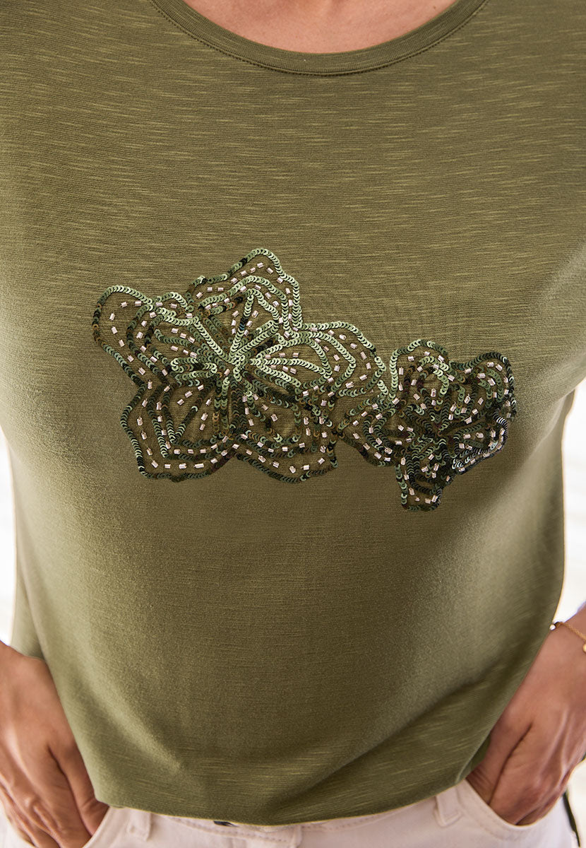 Sebia Cotton Jersey Embellished T-Shirt - Rich Olive