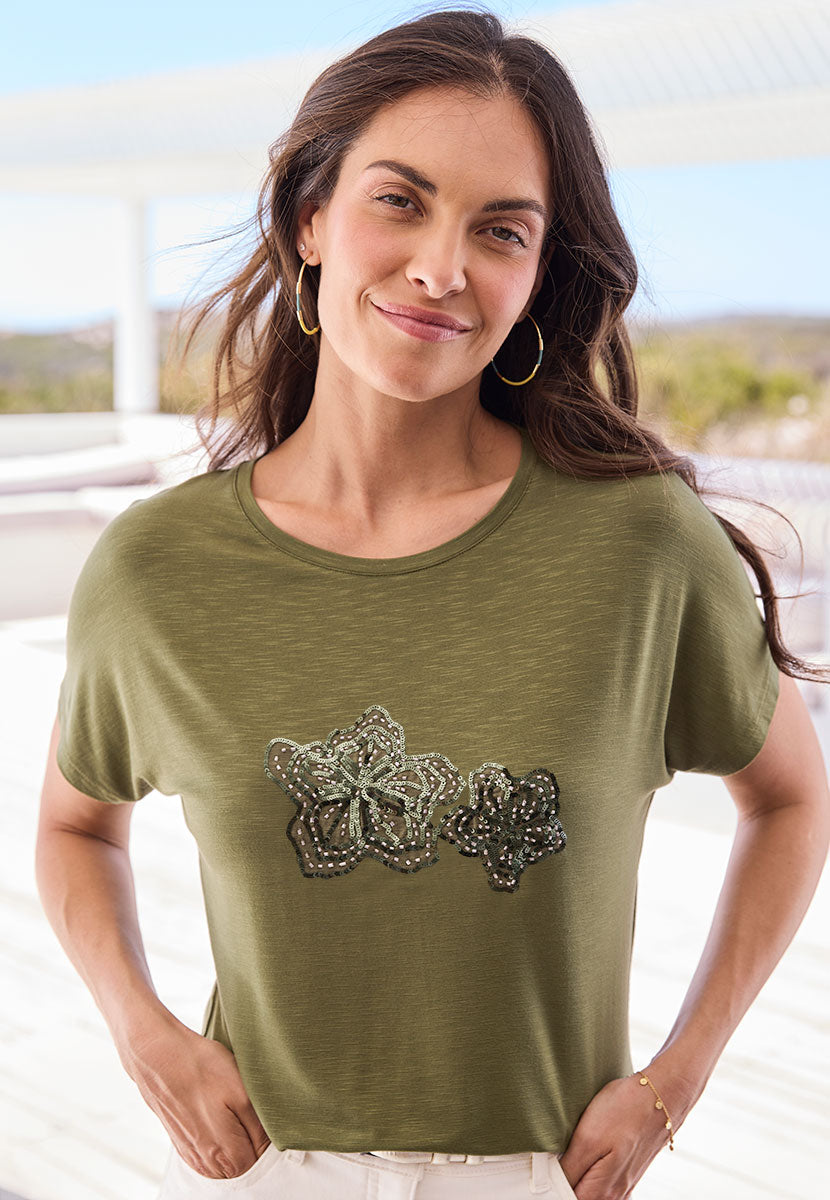 Sebia Cotton Jersey Embellished T-Shirt - Rich Olive