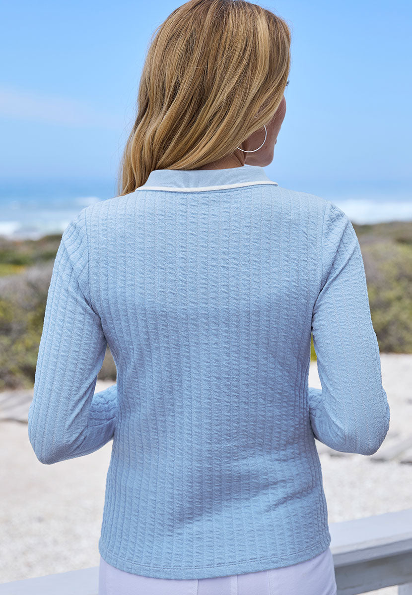 Selene Long Sleeve Collared Polo Top - Blue
