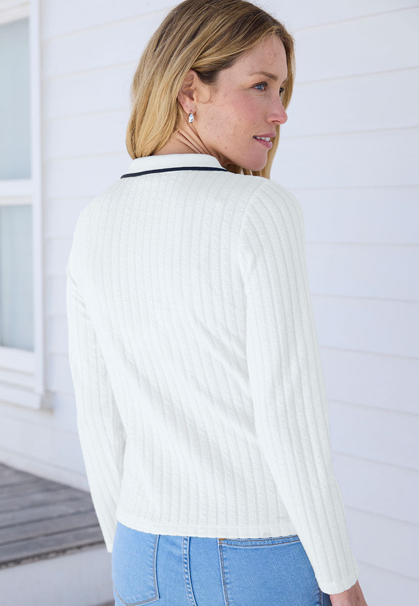 Selene Cotton Blend Collared Polo Top - Ivory
