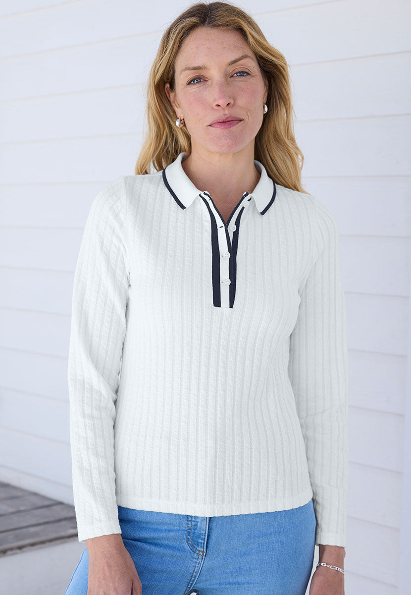 Selene Cotton Blend Collared Polo Top - Ivory
