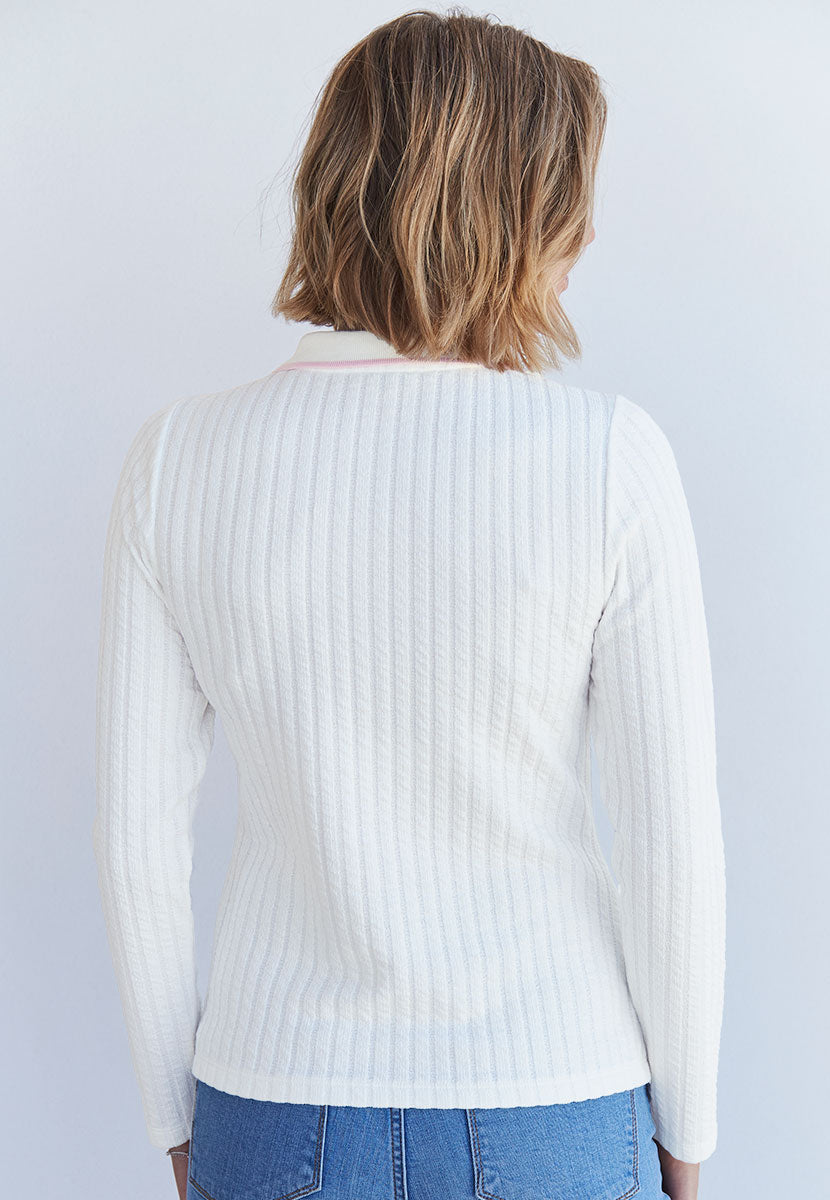 Selene Cotton Blend Collared Polo Top - Ivory/Pink