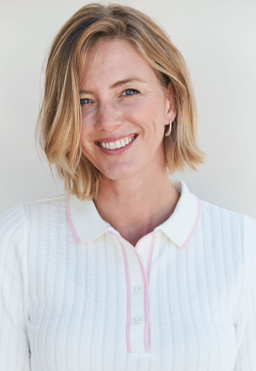 Selene Cotton Blend Collared Polo Top - Ivory/Pink