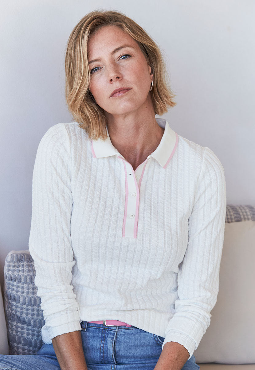 Selene Cotton Blend Collared Polo Top - Ivory/Pink