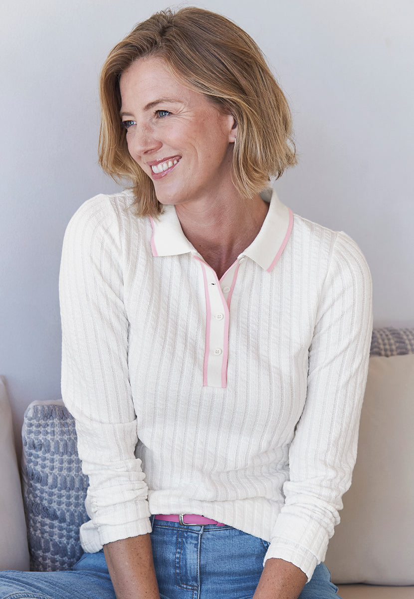 Selene Cotton Blend Collared Polo Top - Ivory/Pink