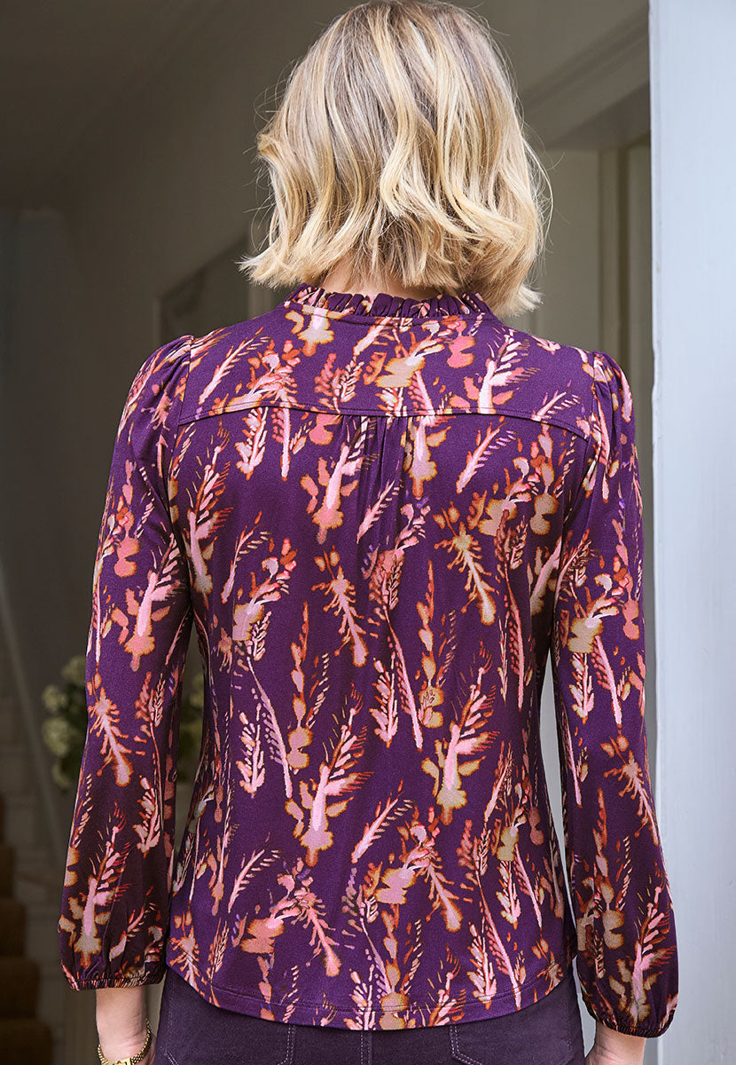 Serena Frill Neck Long Sleeve Jersey Blouse - Scandiano Print Back View