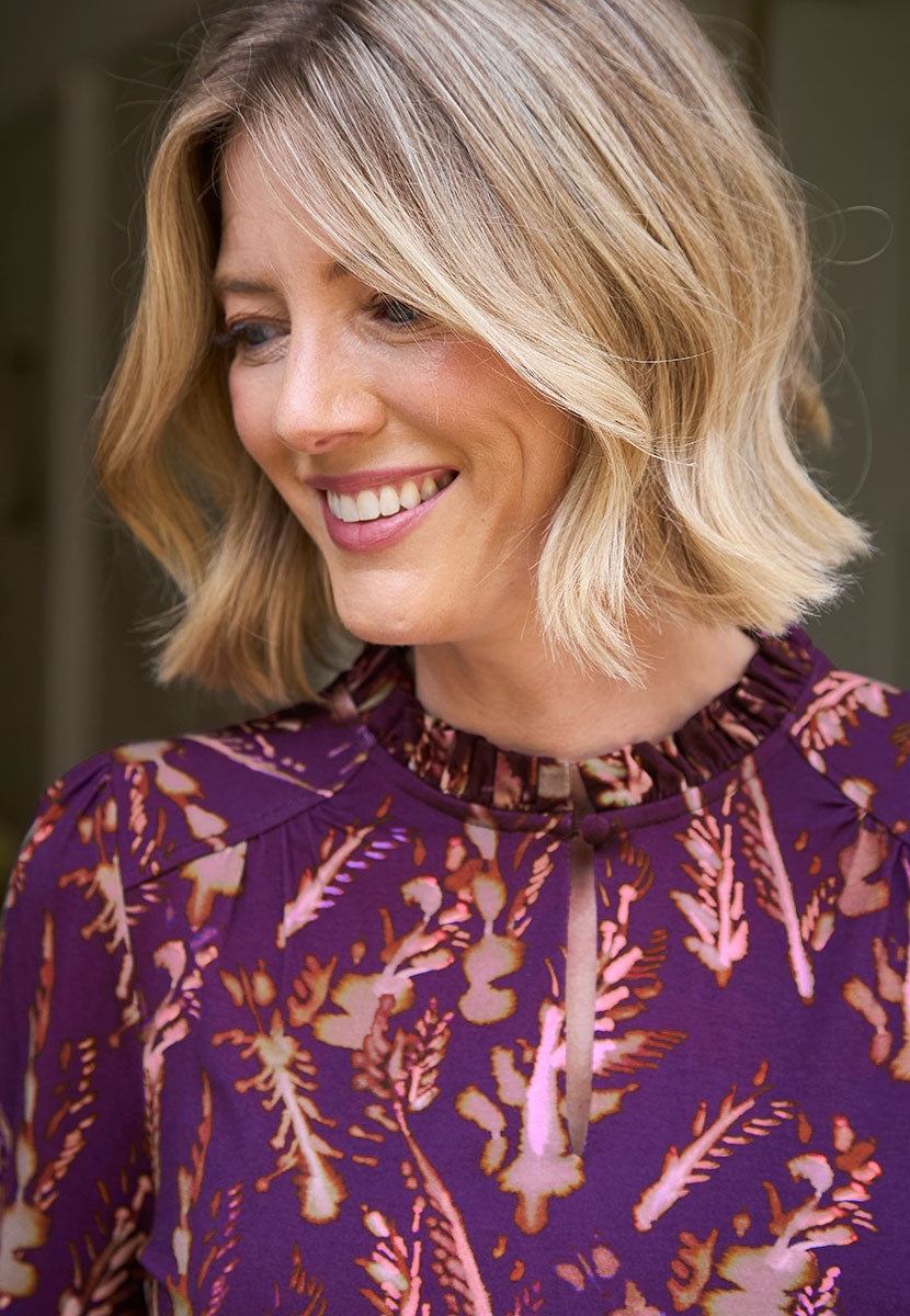 Serena Frill Neck Long Sleeve Jersey Blouse - Scandiano Print Detail View