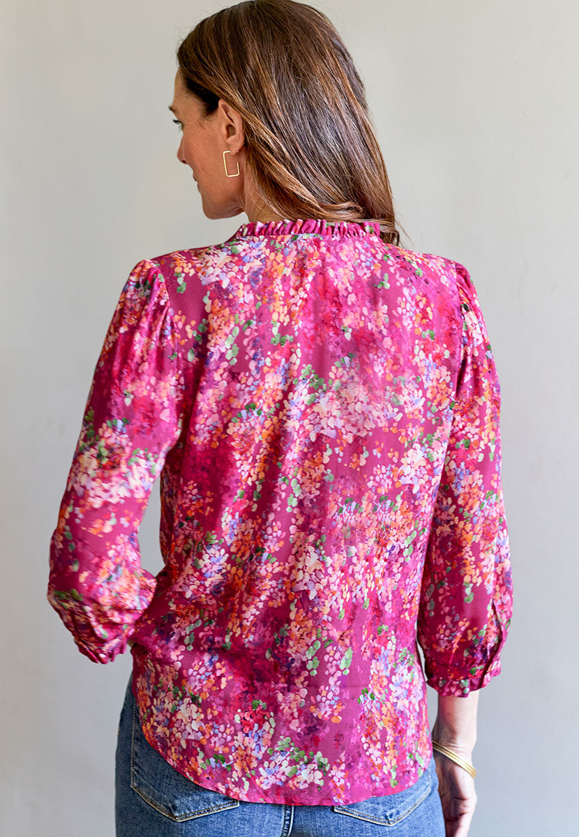 Sian 3/4 Sleeve Floral Blouse - Bellagio Print Soft Airy Eurpoean Exclusive Blouse with Dainty Frills Notch Neck and Button Cuffs Back View