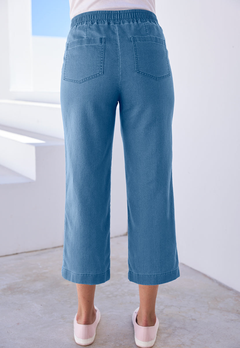 Simone Pull on Wide Leg Cropped Trouser - Blue Denim