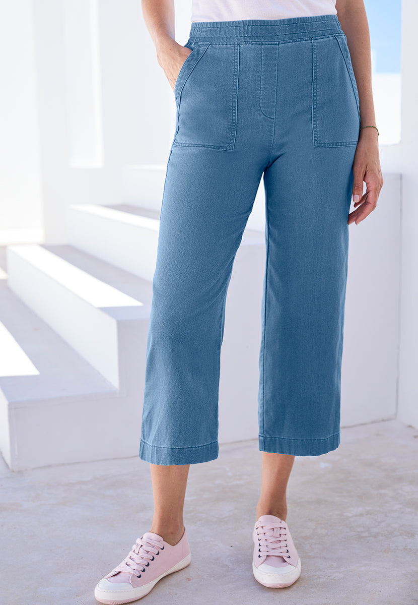 Simone Pull on Wide Leg Cropped Trouser - Blue Denim