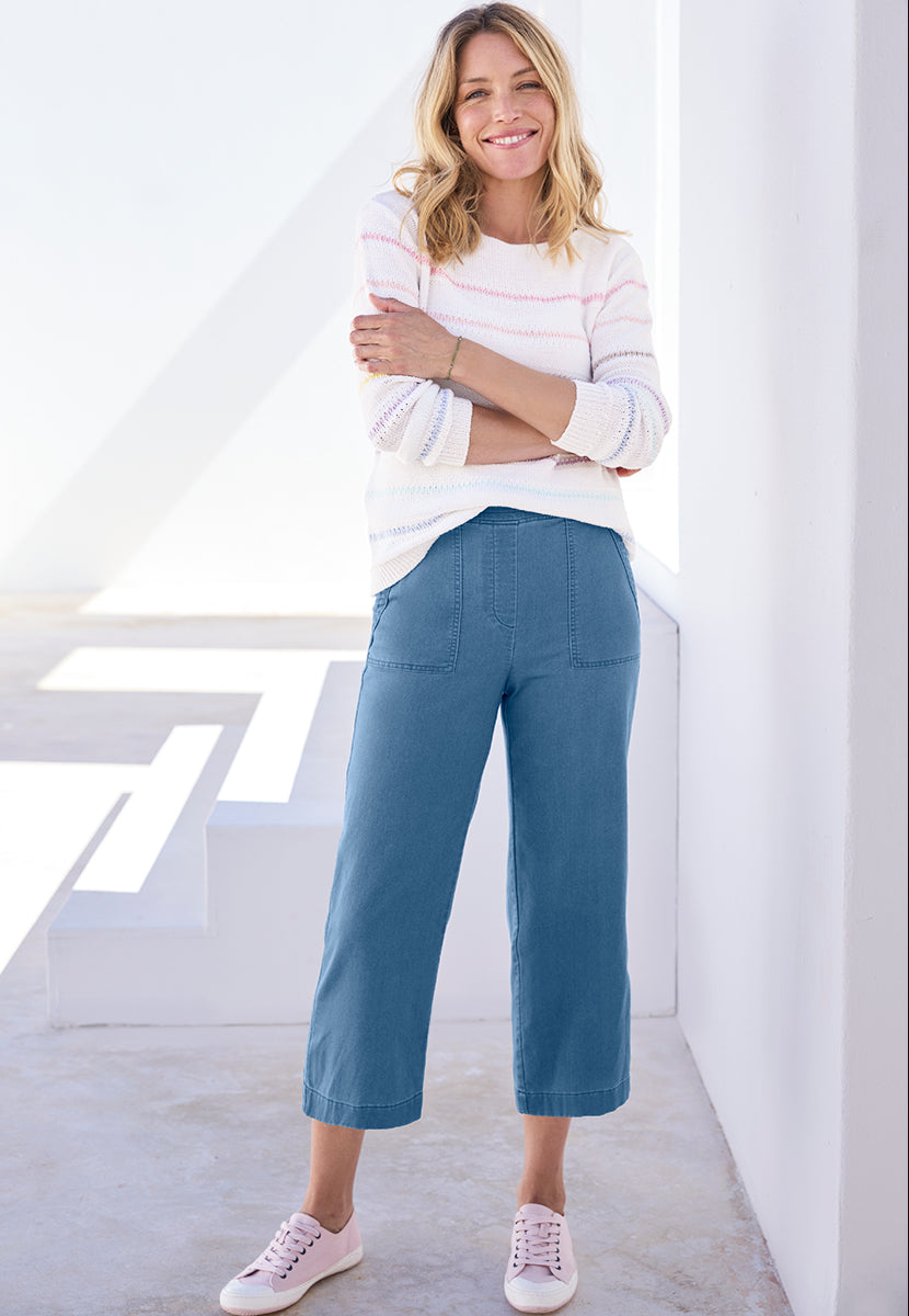 Simone Pull on Wide Leg Cropped Trouser - Blue Denim