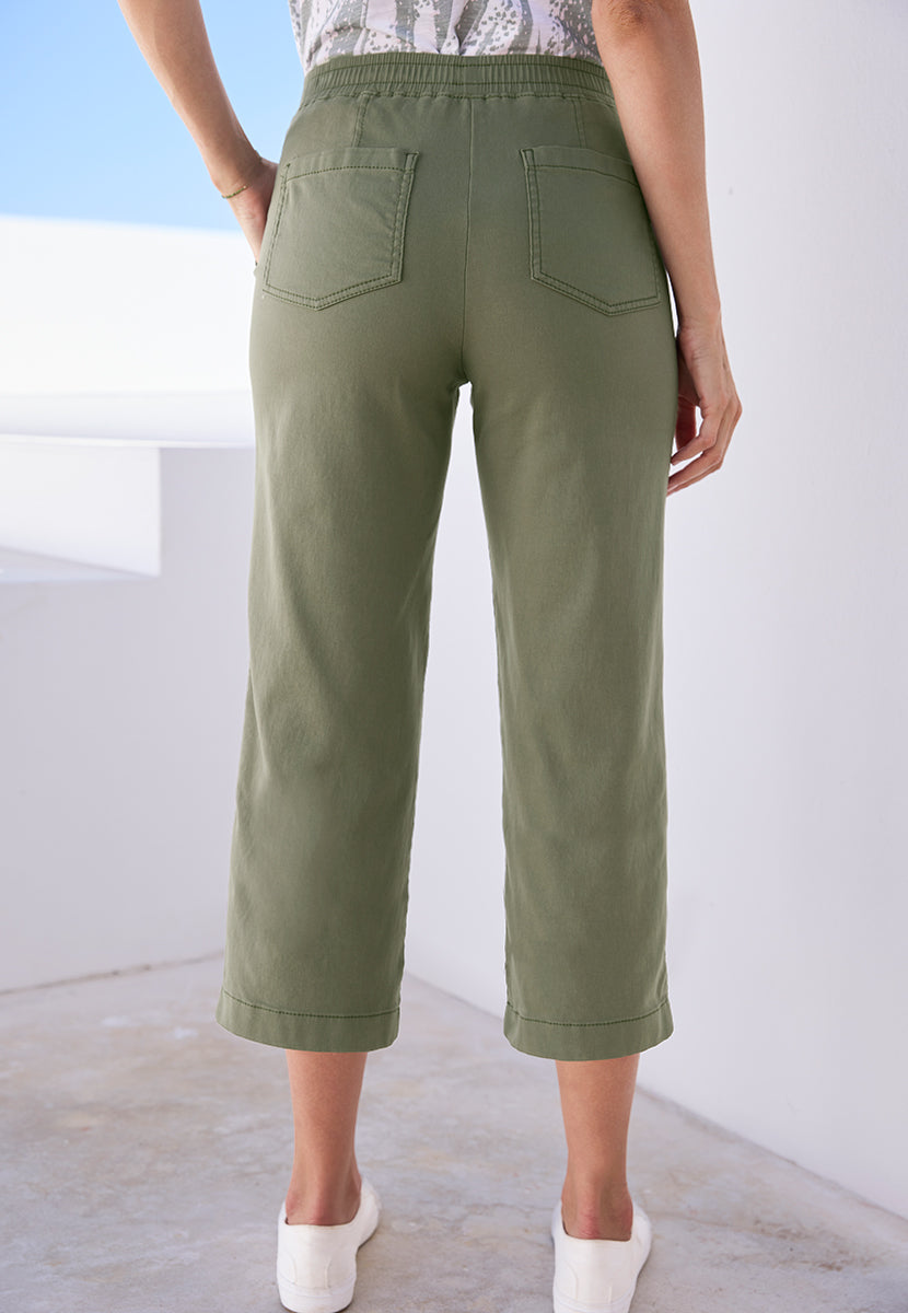 Simone Pull on Wide Leg Cropped Trouser - Khaki
