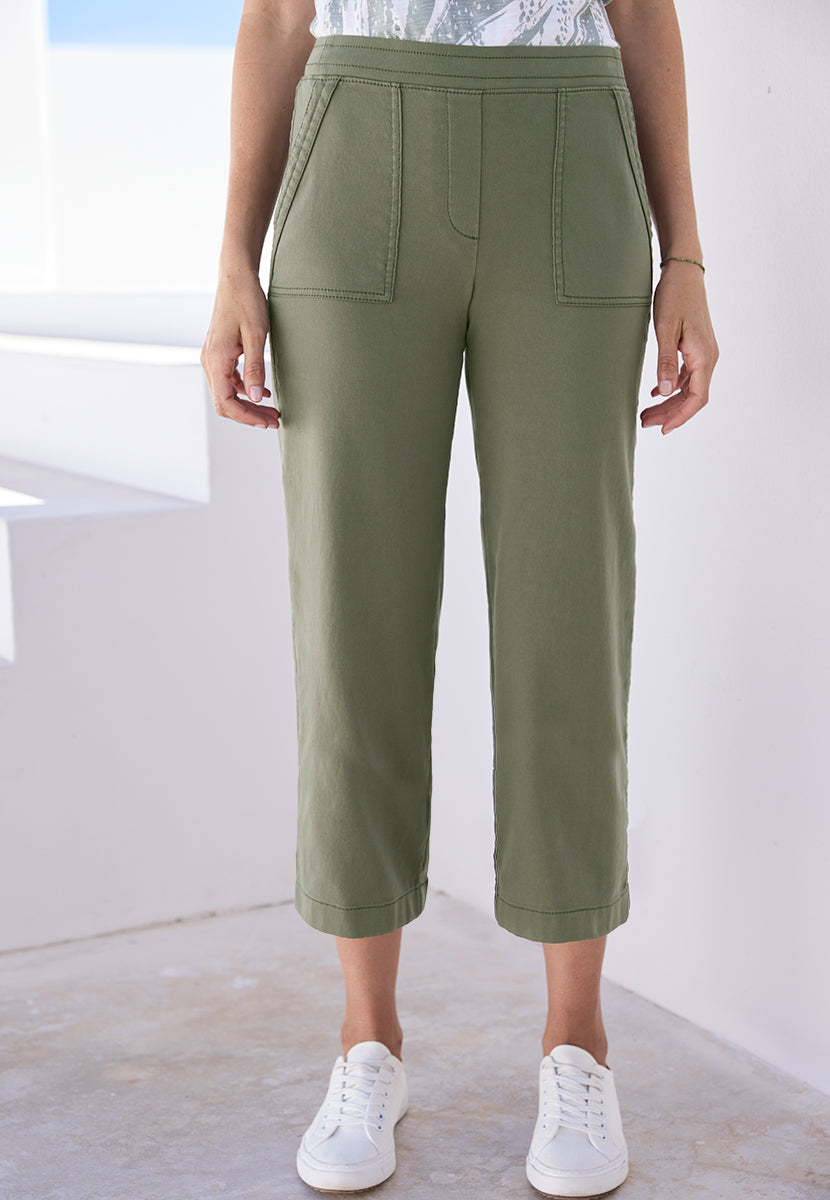 Simone Pull on Wide Leg Cropped Trouser - Khaki