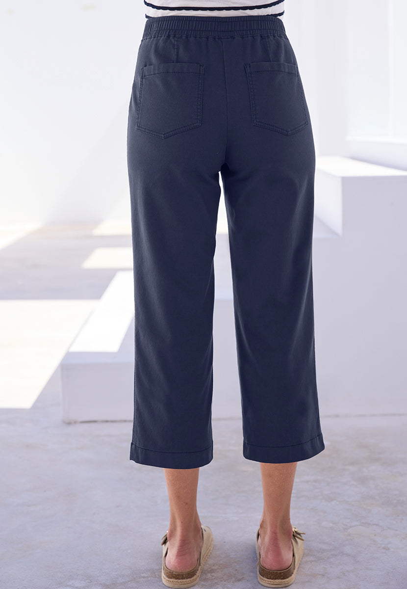 Simone Pull on Wide Leg Cropped Trouser - Navy