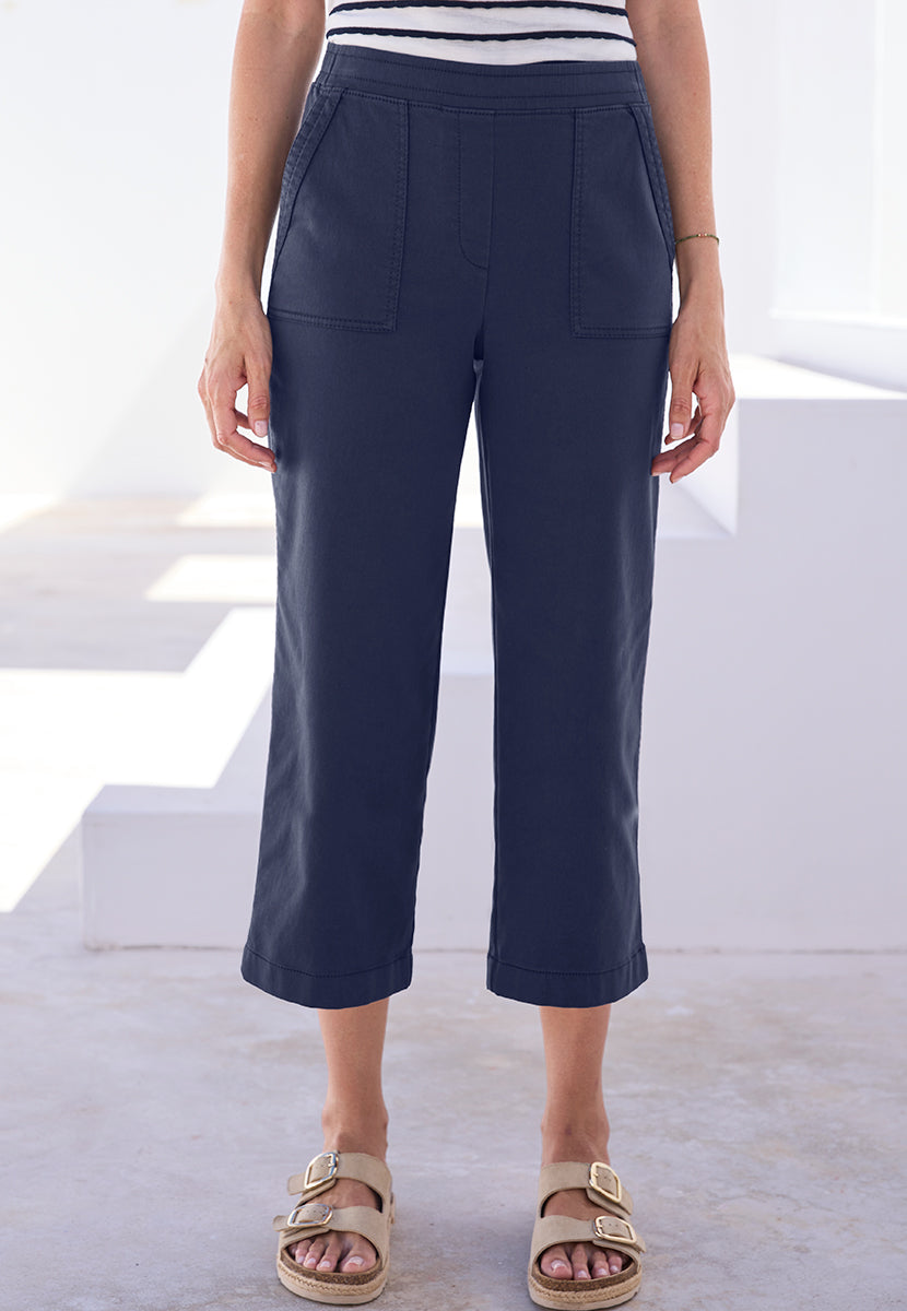 Simone Pull on Wide Leg Cropped Trouser - Navy