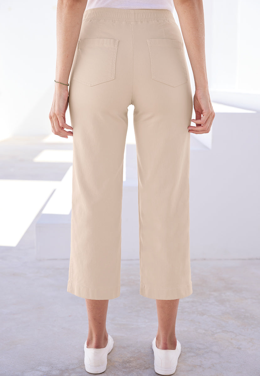 Simone Pull on Wide Leg Cropped Trouser - Sand