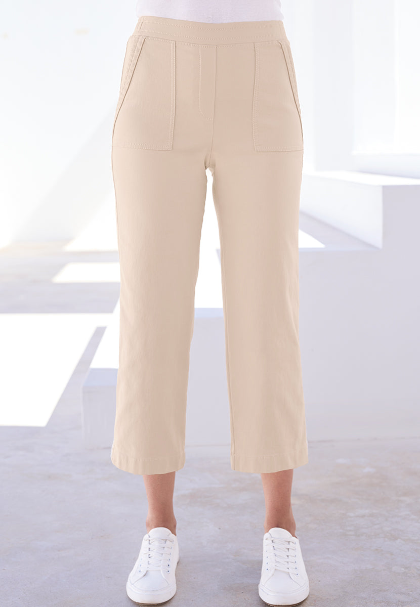 Simone Pull on Wide Leg Cropped Trouser - Sand