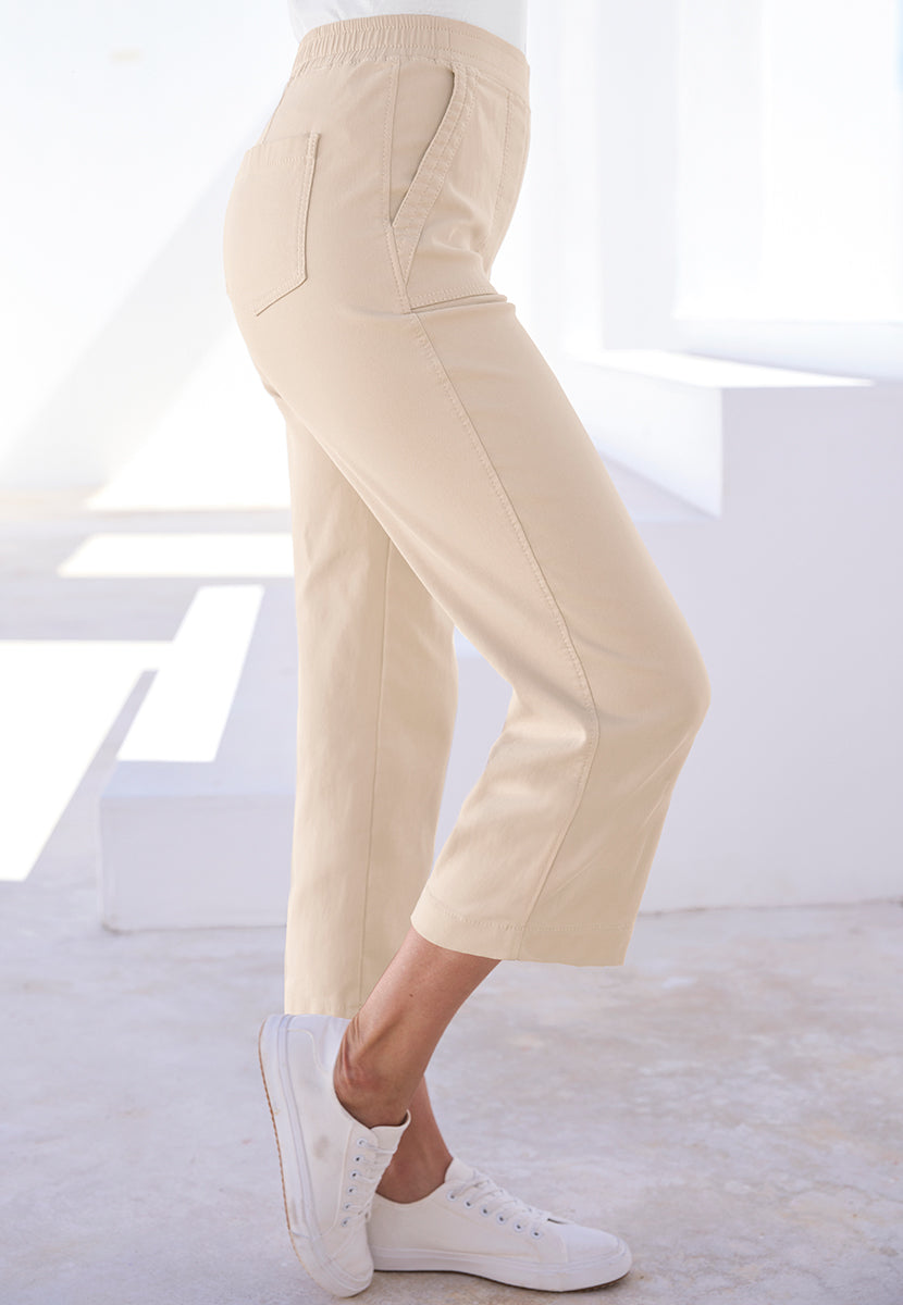 Simone Pull on Wide Leg Cropped Trouser - Sand
