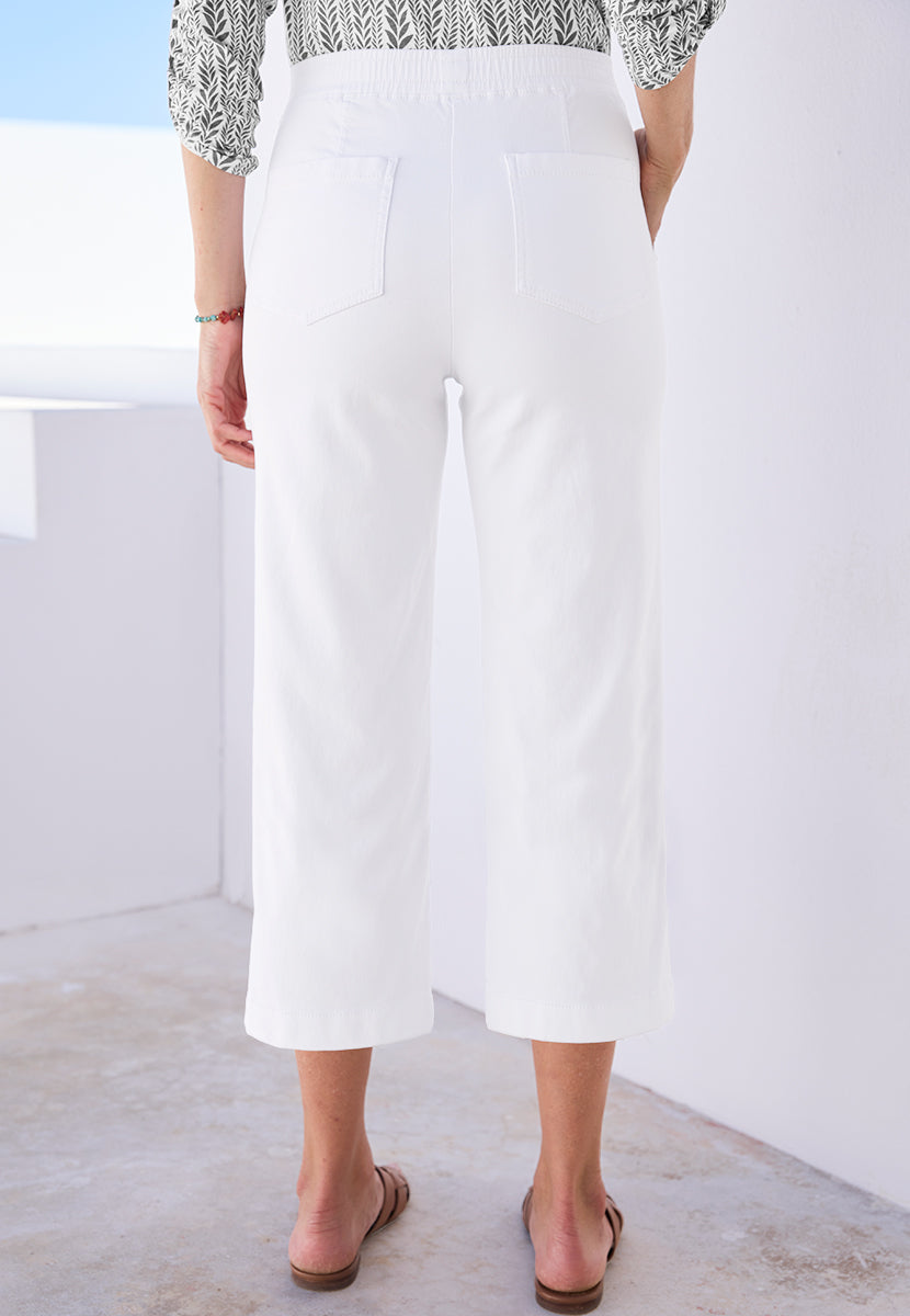 Simone Pull on Wide Leg Cropped Trouser - White