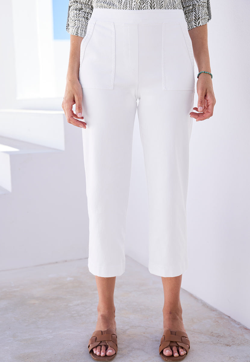 Simone Pull on Wide Leg Cropped Trouser - White
