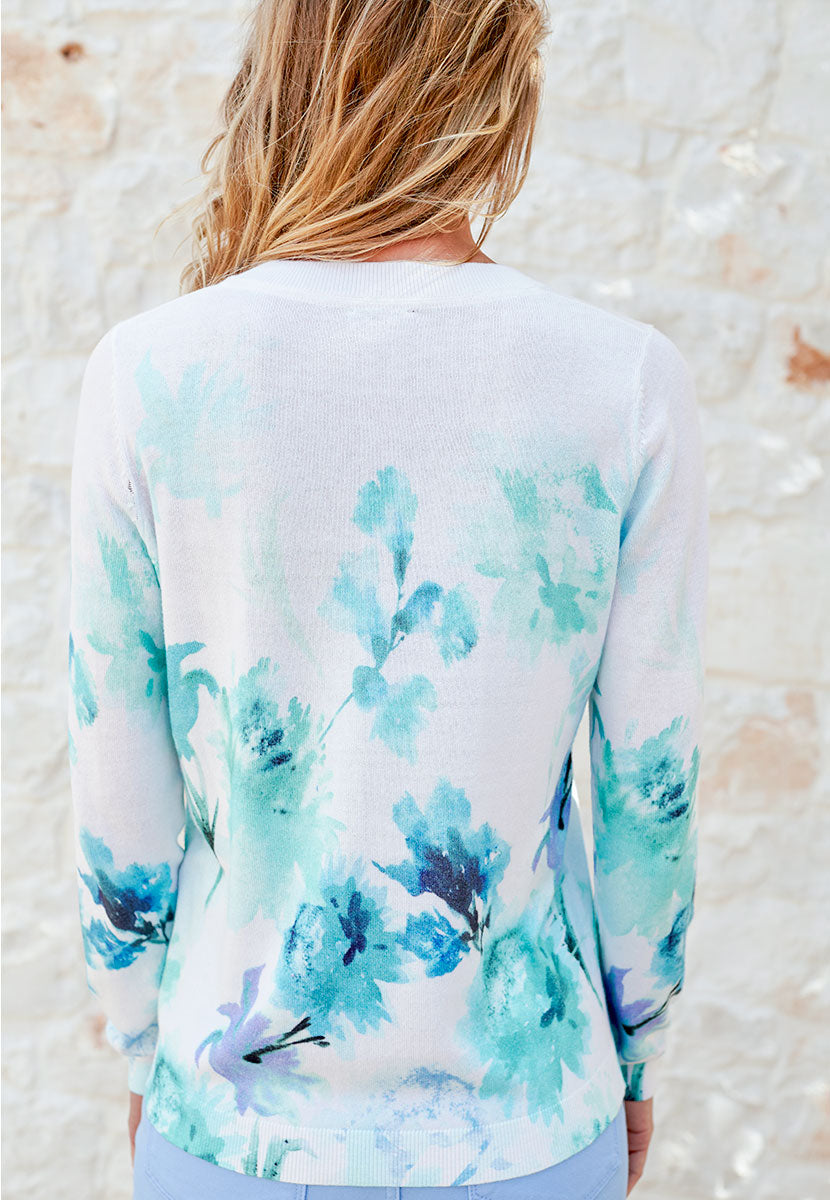 Sinead Crew Neck Cotton Long Sleeve Jumper - Blue Floral Lightweight Style in Exclusive Printed Design Back View