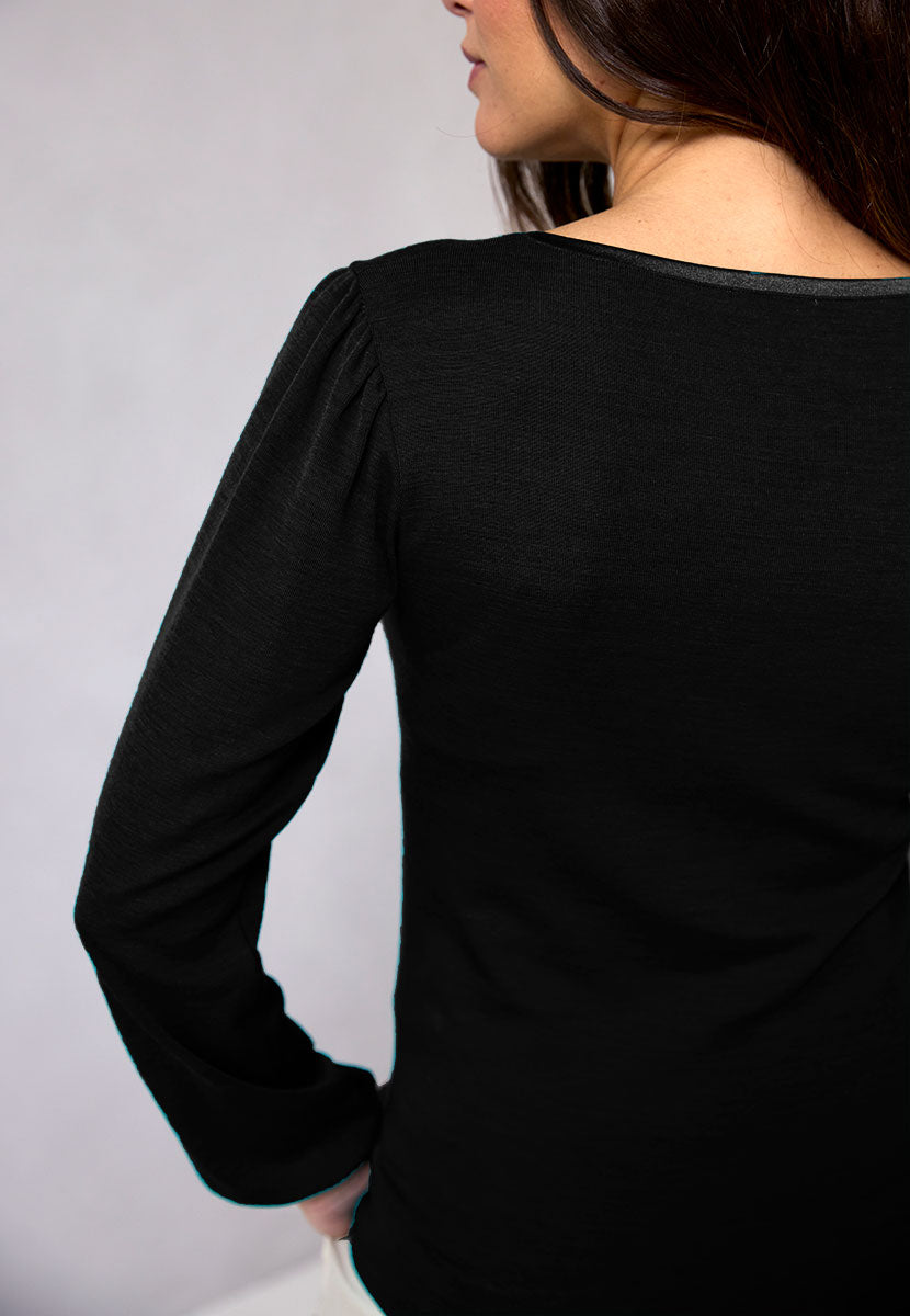 Sonia Gathered Long Sleeve Round Neck Merino Top - Black Soft Warmth Gathered Sleeves Satin Trims Cosy Layer for Modern Silhouette Back View
