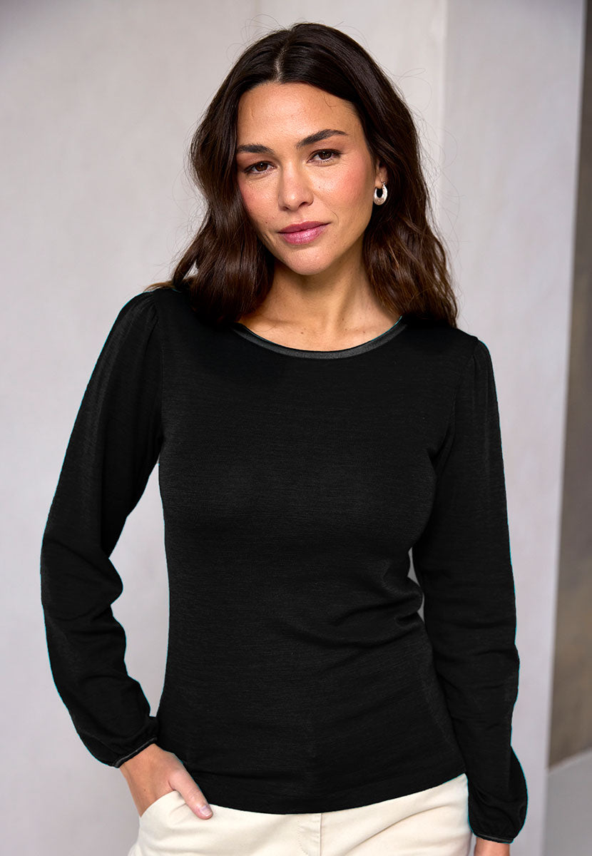 Sonia Gathered Long Sleeve Round Neck Merino Top - Black Soft Warmth Gathered Sleeves Satin Trims Cosy Layer for Modern Silhouette Front Alt View
