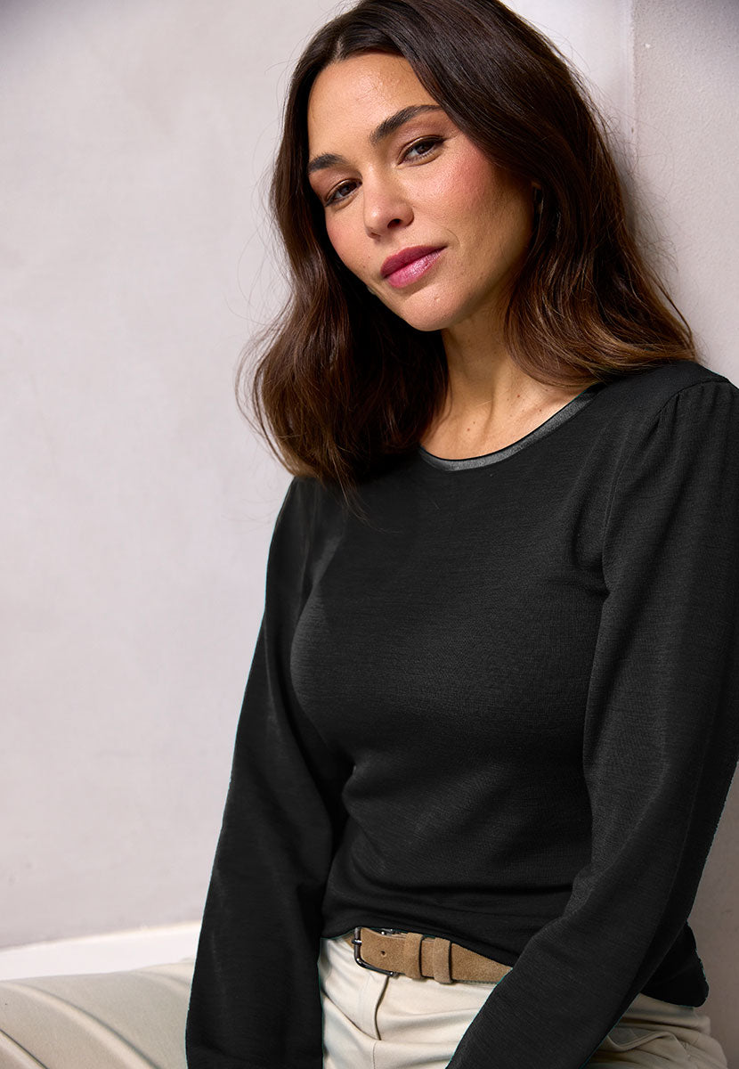 Sonia Gathered Long Sleeve Round Neck Merino Top - Black Soft Warmth Gathered Sleeves Satin Trims Cosy Layer for Modern Silhouette