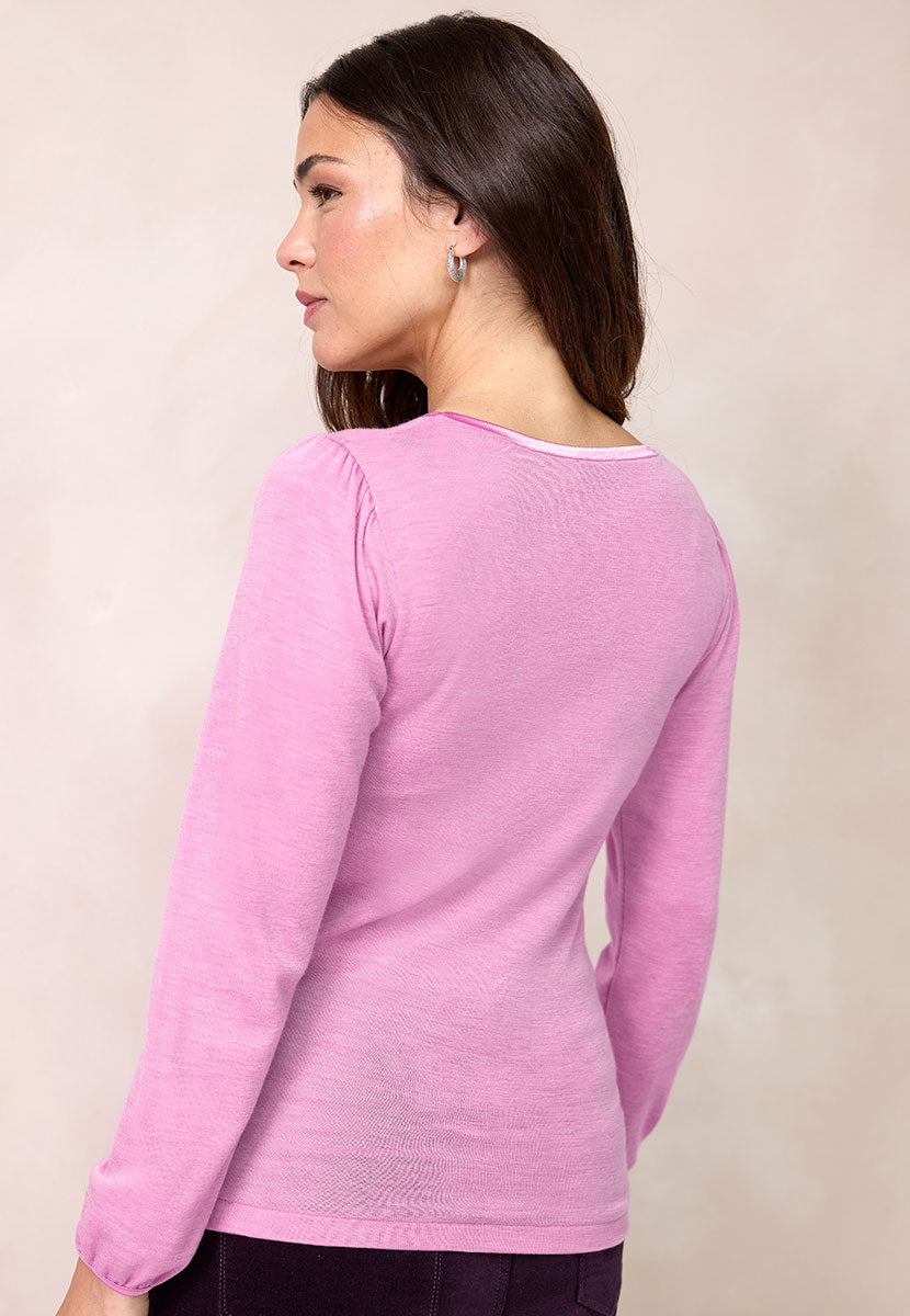 Sonia Gathered Long Sleeve Boat Neck Merino Top - Peony