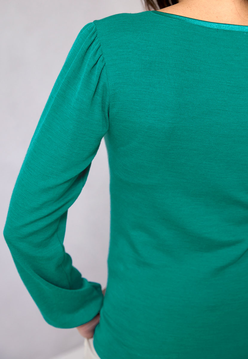 Sonia Gathered Long Sleeve Round Neck Merino Top - Sea Green Soft Warmth Gathered Sleeves Satin Trims Cosy Layer for Modern Silhouette Back View