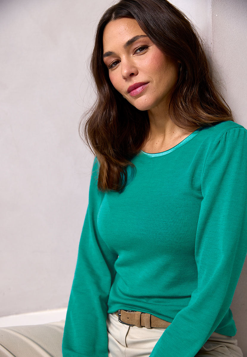 Sonia Gathered Long Sleeve Round Neck Merino Top - Sea Green Soft Warmth Gathered Sleeves Satin Trims Cosy Layer for Modern Silhouette Front Alt View