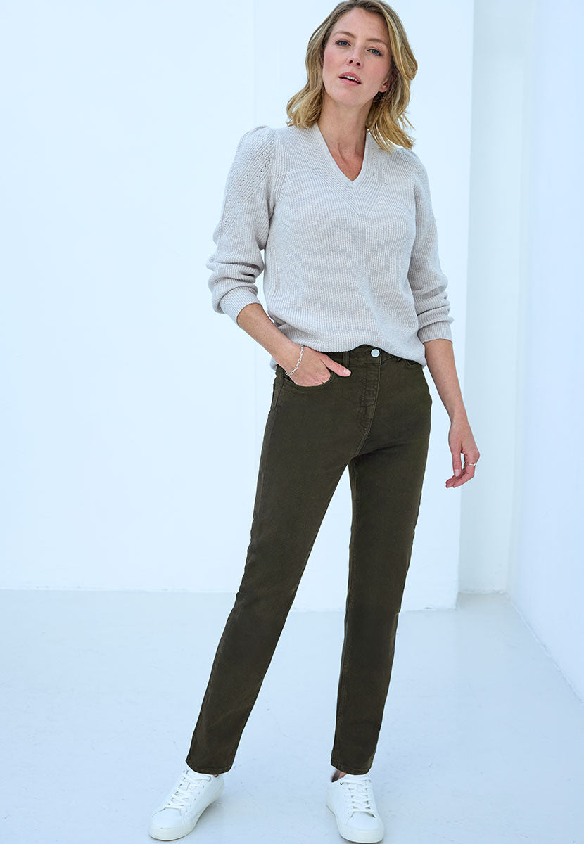 Sophia Slim Leg Jean 27 Inch Leg - Dark Olive Slim Fit Modern Everyday High Waisted Jean with Bias Cut Waistband