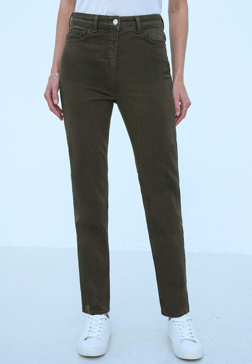 Sophia Slim Leg Jean 27 Inch Leg - Dark Olive Slim Fit Modern Everyday High Waisted Jean with Bias Cut Waistband Front Alt View