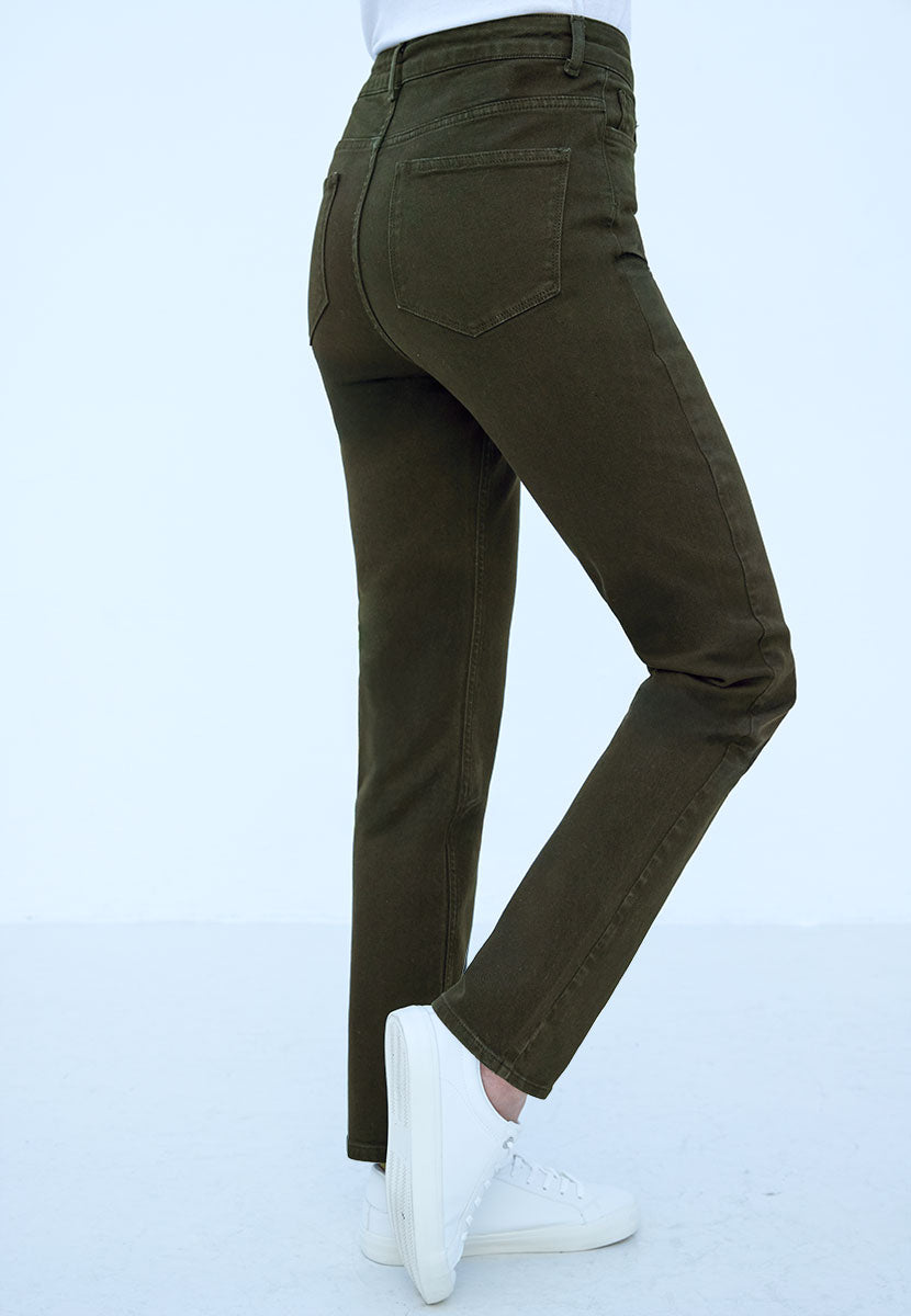 Sophia Slim Leg Jean 27 Inch Leg - Dark Olive Slim Fit Modern Everyday High Waisted Jean with Bias Cut Waistband Side View